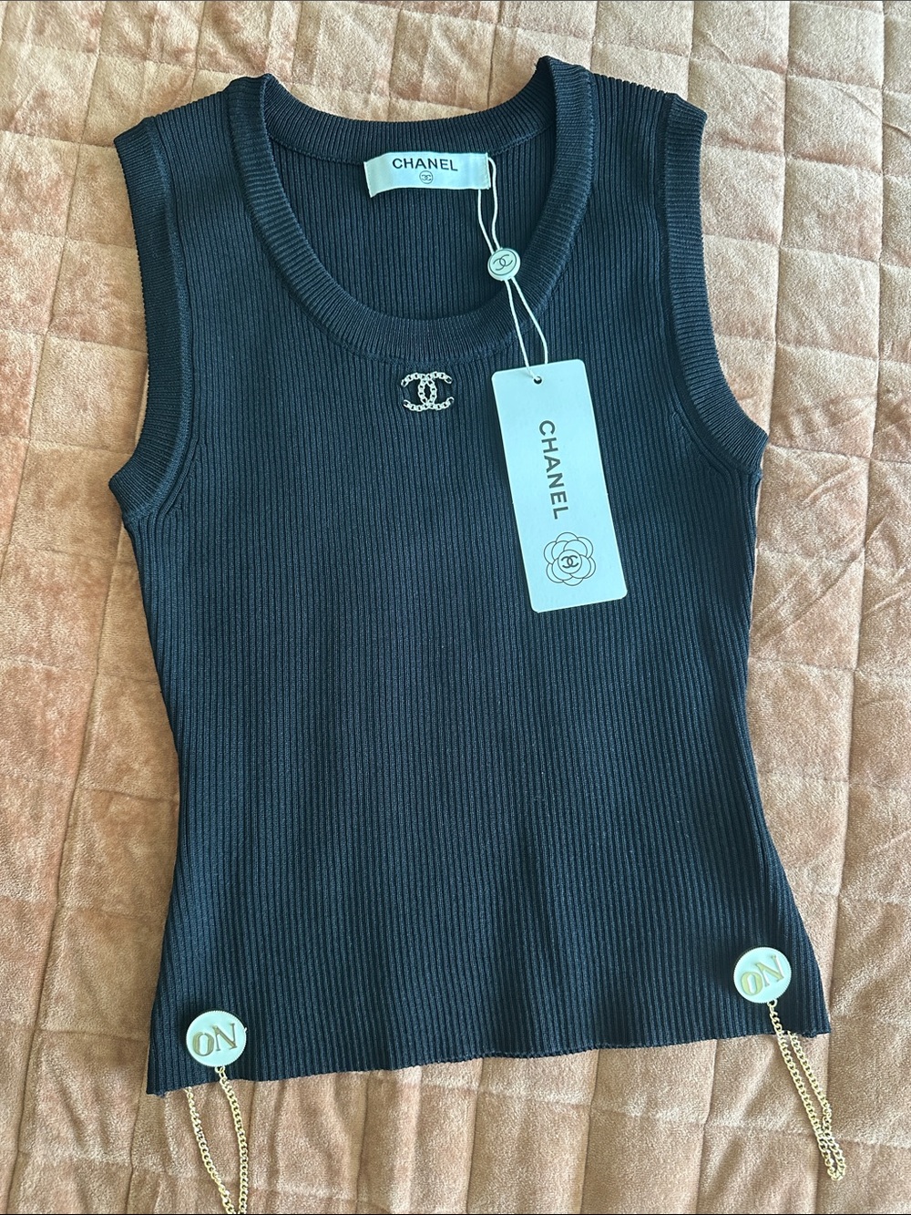 Black Ribbed Sleeveless Knit Top with CC Logo